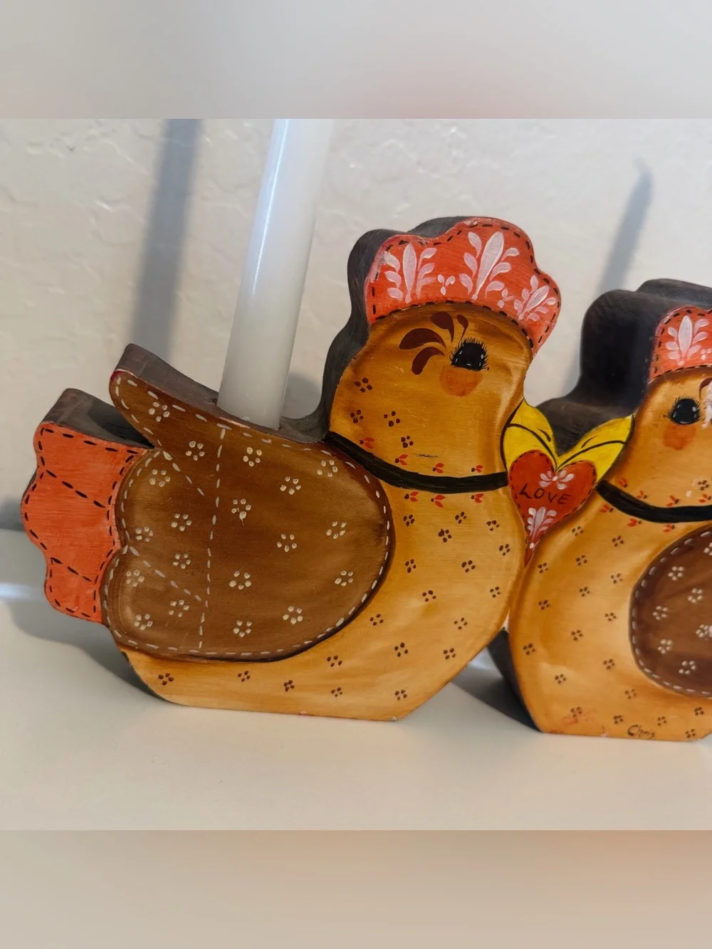 Vintage Hand Painted On Both Side Hen Chicken Candleholder Cottagecore 12X7”